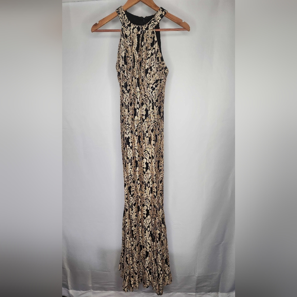 Nightway Black Gold Lace Mermaid Prom Gown Halter Keyhole Formal Dress 4P
